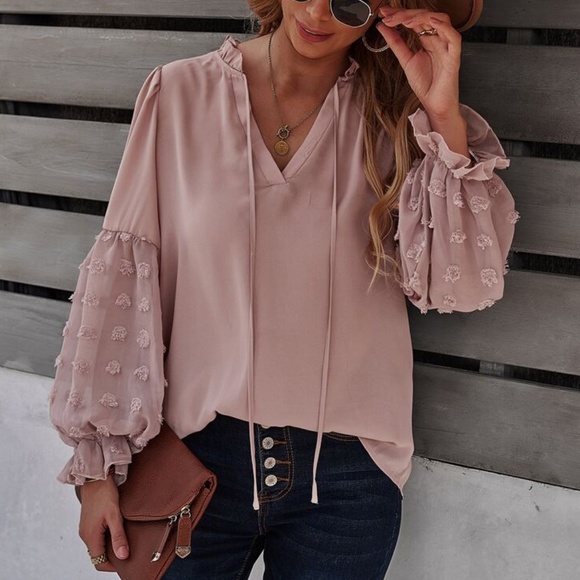 Bellanblue Tops - Boho Dusty Pink Swiss Dot Oversized Blouse